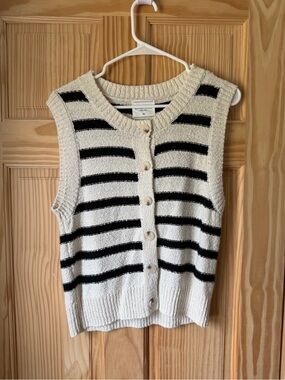 Striped Cream and Black Knit Button-Front Sweater Vest